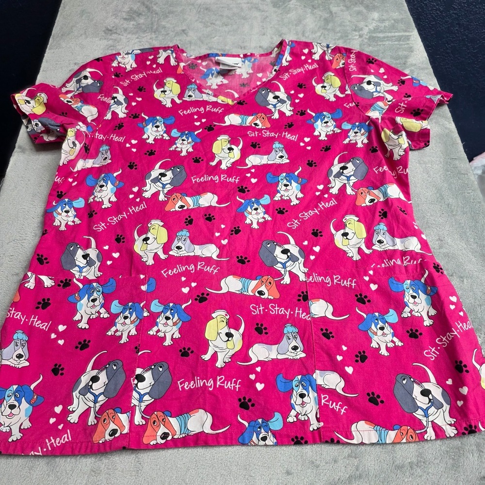 Scrub Star Women Size L Vet Medical Scrub Top Feeling Ruff Dogs Sit Stay Heal